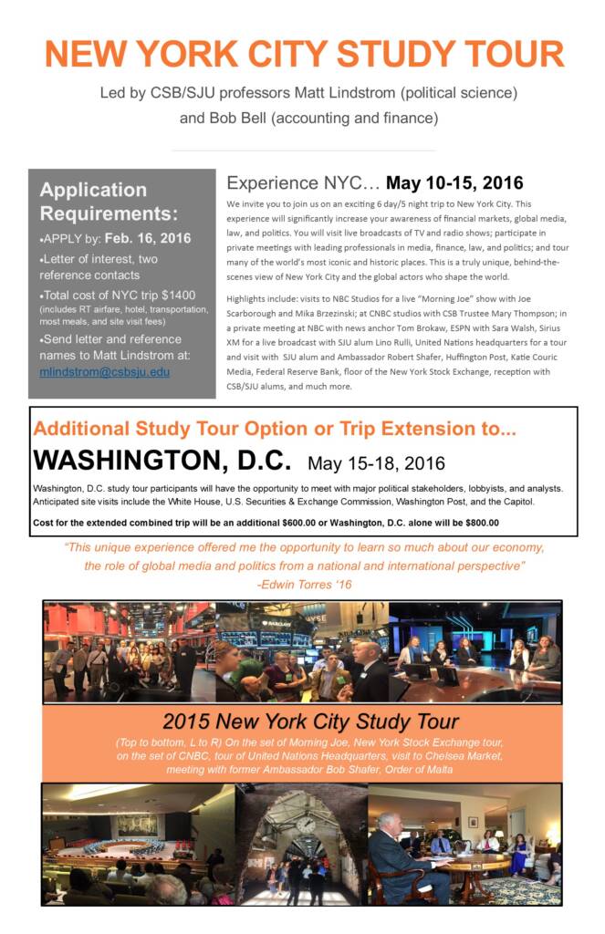 Informational flyer for the New York City Study Tour, detailing application requirements, experience highlights from May 10-15, 2016, and an optional extension to Washington, D.C. from May 15-18, 2016. Features previous tour testimonials.