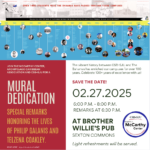 Flyer for a mural dedication event on February 27, 2025, from 6-8 PM at Brother Willie's Pub. It honors Philip Galanis and Telzena Coakley. Organized by CSB+SJU and Eugene J. McCarthy Center. Includes event details and historical campus photos.