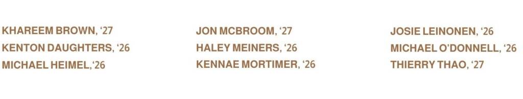 Three columns of names in brown text. Each name is followed by a two-digit number: Left: Khareem Brown, Kenton Daughters, Michael Heimel Middle: Jon McBroom, Haley Meiners, Kennae Mortimer Right: Josie Leinonen, Michael O'Donnell, Thierry Thao.
