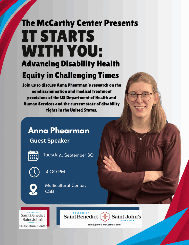 A promotional flyer for a disability health equity event features guest speaker Anna Phearman, scheduled for Tuesday, September 30 at 4:00 PM in the Multicultural Center. Anna is smiling and wearing glasses and a pink dress.