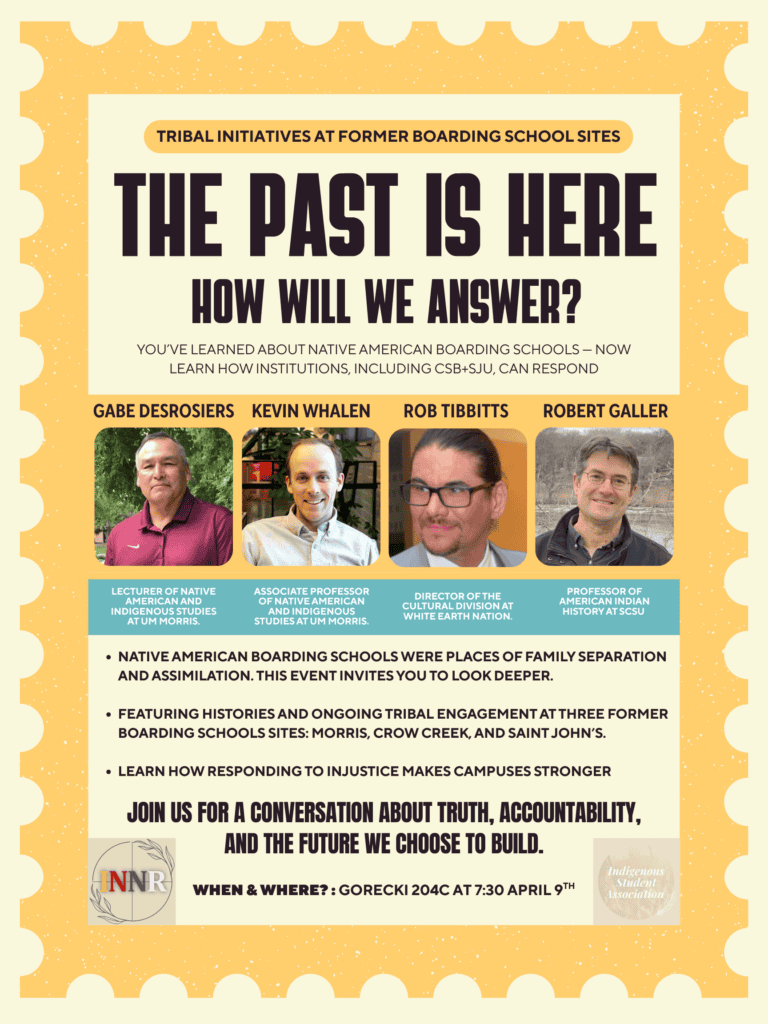 The Past Is Here: How Will We Answer?" promotes a discussion about Native American boarding schools, featuring four speakers.