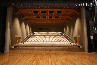 View from a wooden stage looking out at an empty auditorium with rows of beige seats, side exits, and a high wooden ceiling with exposed beams.