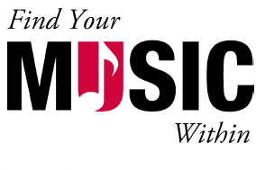 Text graphic that says "Find Your MUSIC Within." The "U" in "MUSIC" is stylized in red with a white music note inside it. The rest of the text is in black.