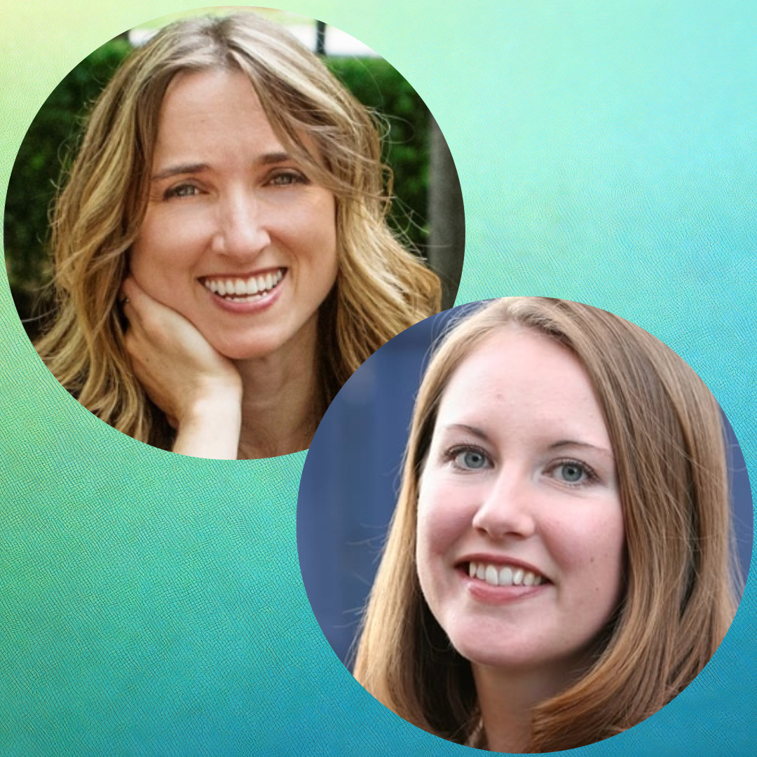 Two women smiling; the top left shows a woman with wavy light brown hair resting her chin on her hand, the bottom right shows a woman with straight light brown hair. The background is a blue and green gradient.