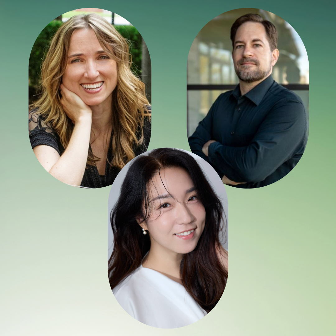 A collage with two people at the top—a smiling woman with wavy blonde hair on the left and a man with dark hair and a beard on the right—and an Asian woman with long black hair at the bottom, all against a green gradient background.