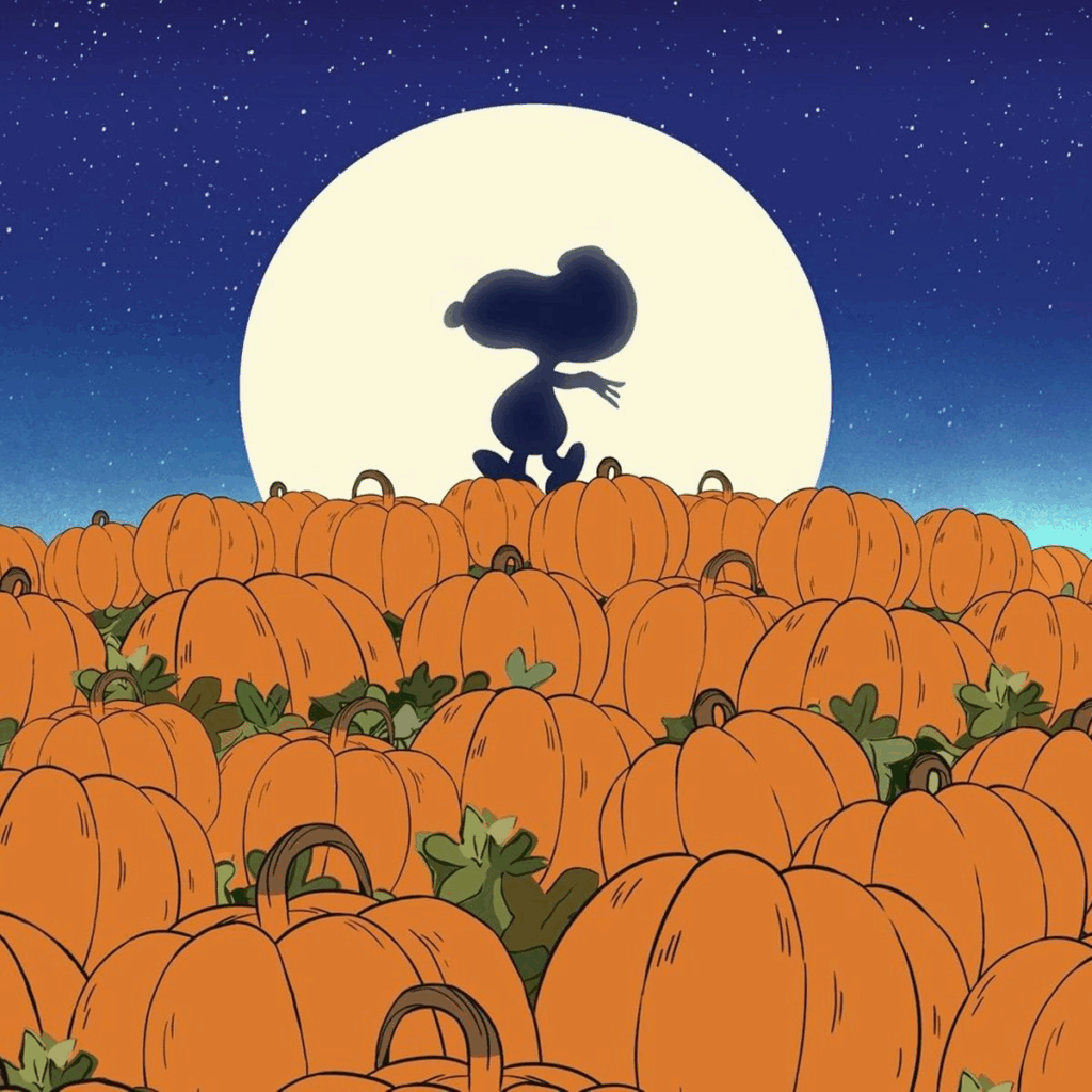 A cartoon dog sits atop a hill of pumpkins, silhouetted against a large, bright full moon in a starry night sky.