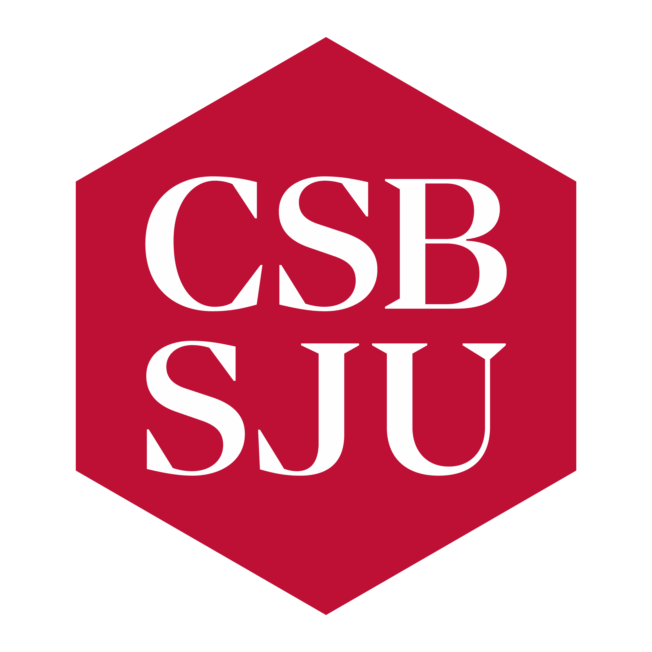 A red hexagon with the white capital letters "CSB SJU" inside, arranged in two lines: "CSB" on top and "SJU" on the bottom.