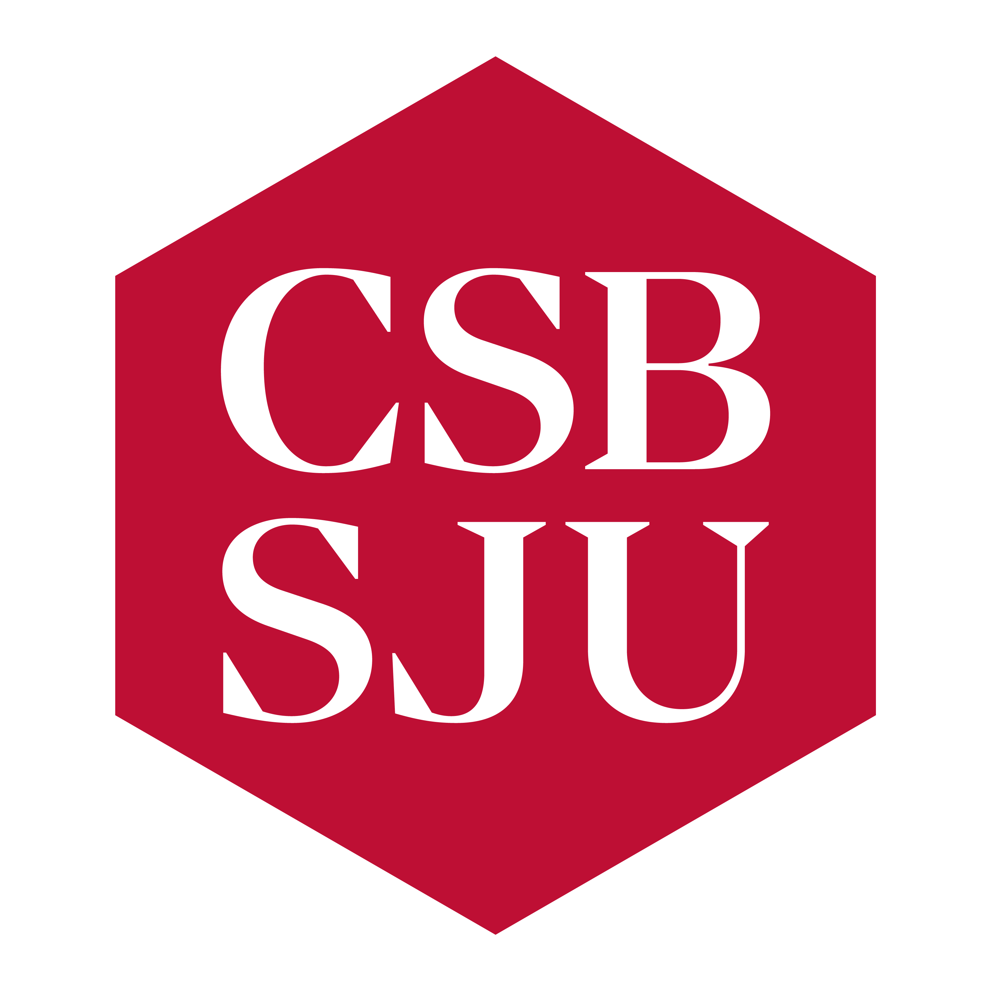 Hexagon with a red background featuring the white letters "CSB SJU" in the center.