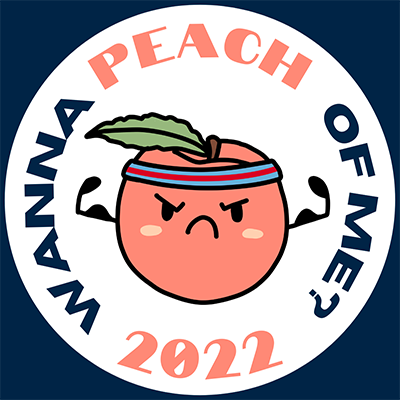A round logo with a cartoon peach wearing a headband and flexing its arms. The text "WANNA PEACH OF ME?" and “2022” surrounds the peach, with "PEACH" in the top center and "2022" at the bottom.