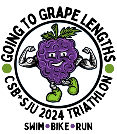 A cartoon grape with muscular arms, green gloves, and green shoes, flexes inside a circular logo. Text around the logo reads "Going to Grape Lengths," "CSB+SJU 2024 Triathlon," and "Swim, Bike, Run.