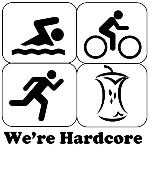 Graphic image of four icons: the top left shows a person swimming, the top right shows a person biking, the bottom left shows a person running, and the bottom right shows a bitten apple core. Below the icons, text reads "We're Hardcore.