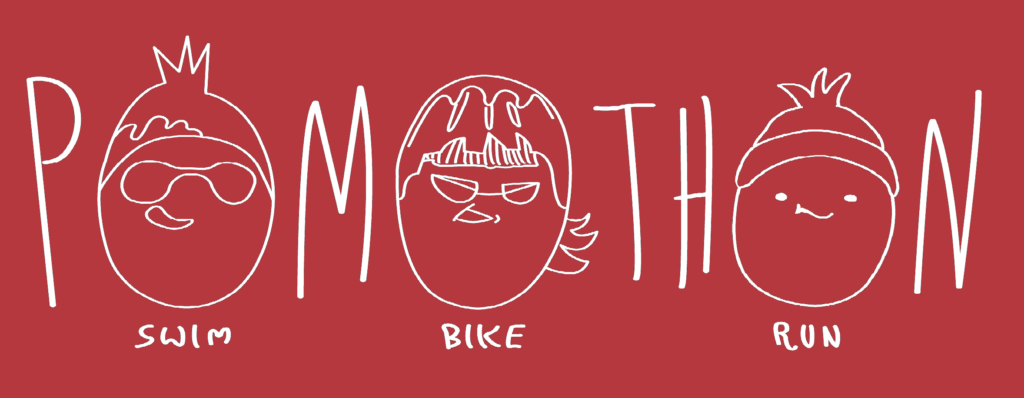 A red graphic features the word "POMOTHON" with illustrations of three pomelo fruits performing different activities. One fruit in swim goggles represents "SWIM," one in a bike helmet represents "BIKE," and one in a headband represents "RUN.
