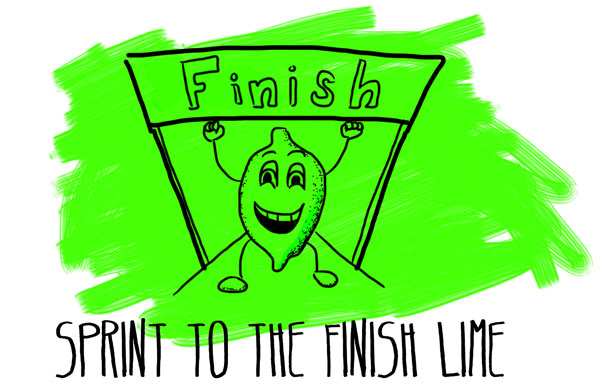 Illustration of a lime with a face and arms, running through a finish line banner that reads "Finish." The lime has a big smile and is raising both arms in victory. Below the image, text reads "Sprint to the Finish Lime." The background is a green, paint-like splash.