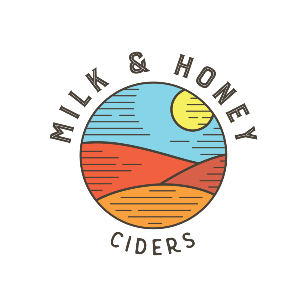 Milk & Honey Ciders logo featuring a circular design with stylized, colorful rolling hills under a blue sky and a bright sun. The text "MILK & HONEY" curves above the circle, and the word "CIDERS" is curved below it.