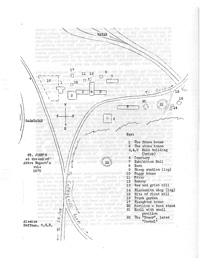 A scanned historical map showing St. Joseph's area in Indian Pass, Florida. The map includes numbered landmarks, roads, and geographical features with a legend listing locations such as houses, a cemetery, and historic sites. Text is faint in the background.