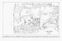 A vintage black and white map titled "Map of Ancient Rome," featuring detailed labels of buildings, roads, and landmarks, with surrounding natural features like rivers and vegetation. A legend lists key locations at the bottom.