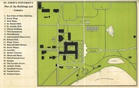 Map of St. John's University campus featuring building locations and labels. A legend on the left lists names, including Gymnasium, Newman Hall, and various wings. Green spaces and paths are shown throughout the area.