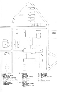 Black and white campus map showing various buildings labeled with numbers. A legend at the bottom identifies locations like the administrative office, library, and science hall. Pathways and roads are depicted, outlining the campus layout.