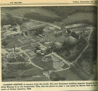 Aerial view of a seminary surrounded by greenery, with several buildings visible. The image is in black and white, labeled "The Record," dated Friday, September 24, 1927, featuring captions at the bottom.
