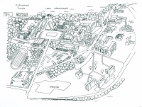 Hand-drawn map of Lake Forest College campus. It features various labeled buildings, pathways, and a stadium, with surrounding trees. The layout is illustrated in a detailed, artistic style.