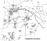 Map of Collegeville area showing roads and geographic features. Various locations and landmarks are labeled, with shaded areas indicating elevations or bodies of water. The map's title, "Collegeville and About," is at the bottom right.