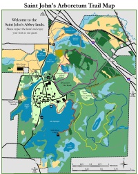 Map of Saint John's Arboretum, featuring trails, roads, lakes, and landmarks. Various colors indicate different land types, with trails marked for visitors. The map includes a welcome note for guests.