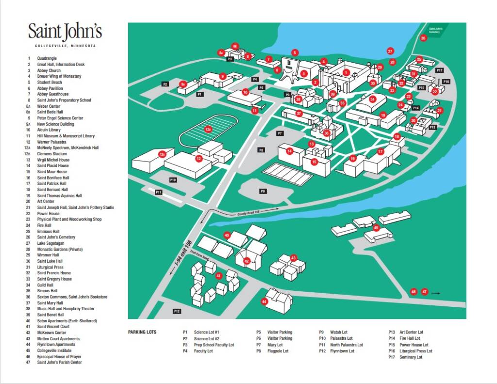 Map of Saint John's Collegeville, Minnesota. It labels various buildings and locations such as the Abbey, University, and Preparatory School, along with parking lots. The layout features roads, pathways, and a body of water on the right side.