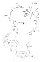 Hand-drawn map of Lake Tanganika, showing surrounding towns and regions including Ujiji, Bujumbura, and Mpulungu, along with national borders and significant geographical features.
