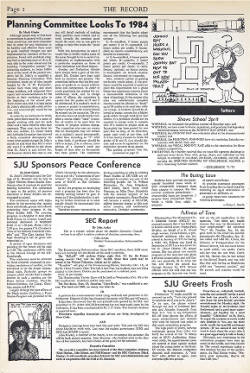 A vintage newspaper page titled "THE RECORD" contains articles on planning for 1984, a peace conference, and a SEC report. There is a maze illustration and a comic. Text and images are in black and white.