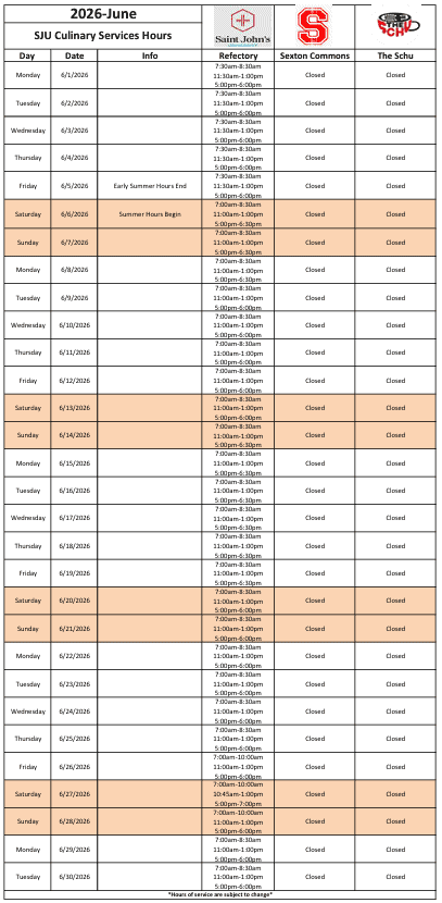 A table showing SJU Culinary Services hours for June 2026. Saint Joseph’s Refectory is open with varying hours; Sexton Commons and The Schu are closed all month. Some dates note “Early Summer Hours End” and “Summer Hours Begin.”.