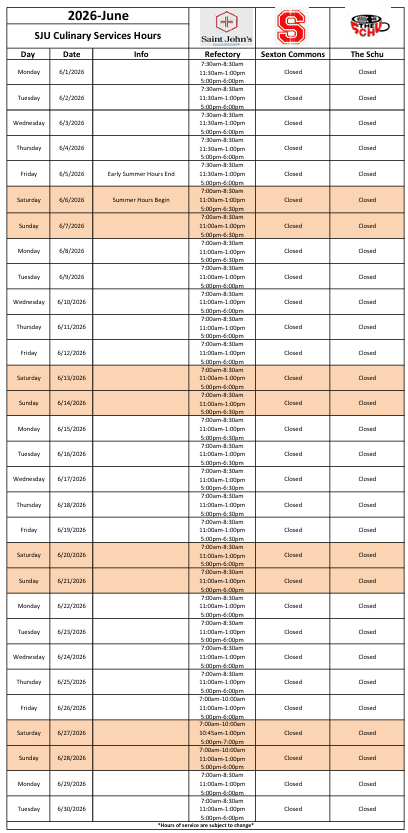 Table showing SJU Culinary Services hours for June 2026. Saint John's Refectory is mostly open with varying hours, while Sexton Commons and The Schu are closed all month. Early summer and regular summer hours are noted.