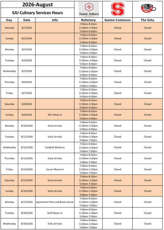 August 2026 SJU dining hours table: The Refectory has varied hours, Sexton Commons and The Schu are closed all month. Key dates: early arrivals, move-in, planning, and open houses noted in the info column.