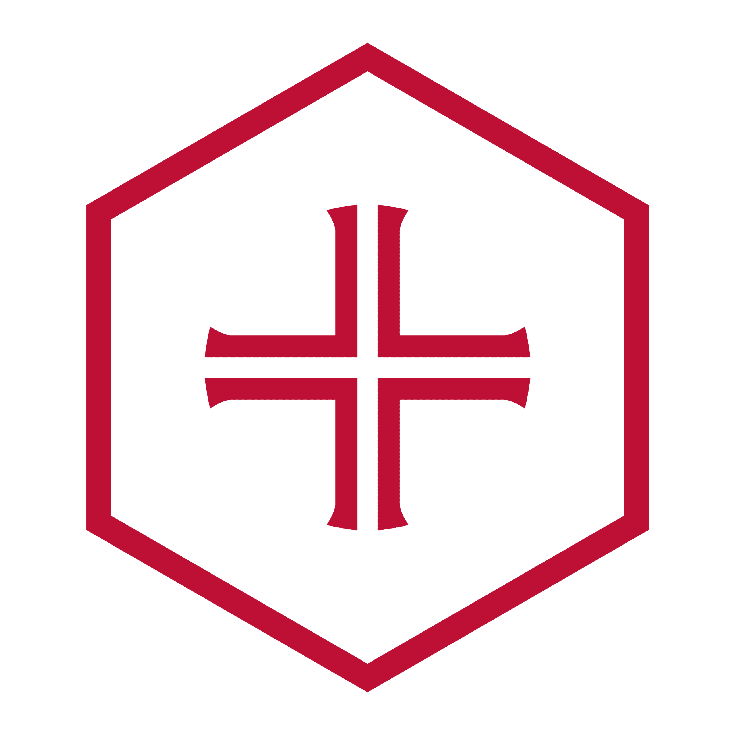 A red hexagon outline with a red cross-like geometric symbol inside, all on a white background. The cross has curved ends and is centered within the hexagon.
