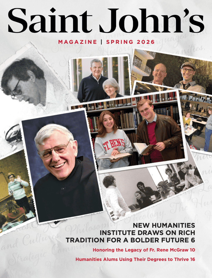 Cover of Saint John’s Magazine Spring 2026, featuring a collage of photos of Fr. Rene McGraw in various settings, including teaching, holding books, and interacting with students. Headlines highlight a new humanities institute.