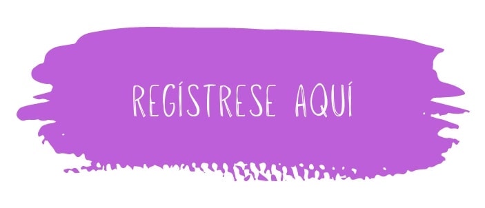 A purple paintbrush stroke background with white text in the center that reads "REGÍSTRESE AQUÍ" (Spanish for "Register Here").