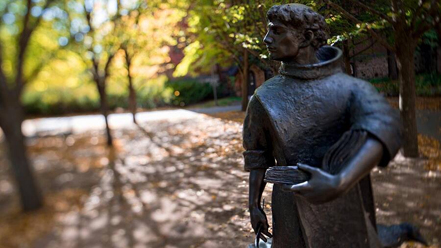 A bronze statue in an outdoor park setting, featuring a person standing while holding a stack of books. Fall foliage surrounds the statue, with fallen leaves scattered on the ground and sunlight filtering through the trees, casting dappled shadows.
