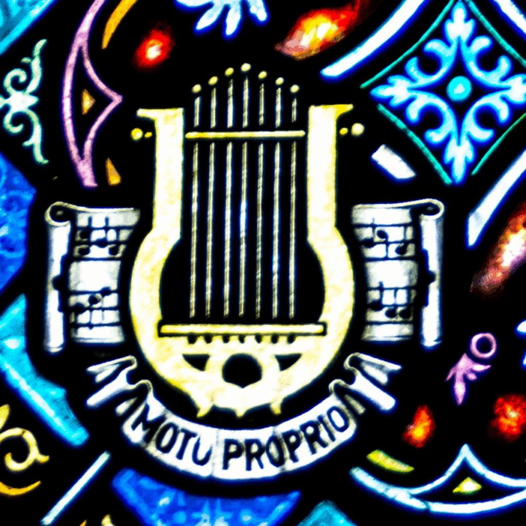 A vibrant stained glass image of a golden lyre with rolled music sheets on each side and a ribbon below reading "Motu Proprio." Colorful decorative patterns surround the central motif.
