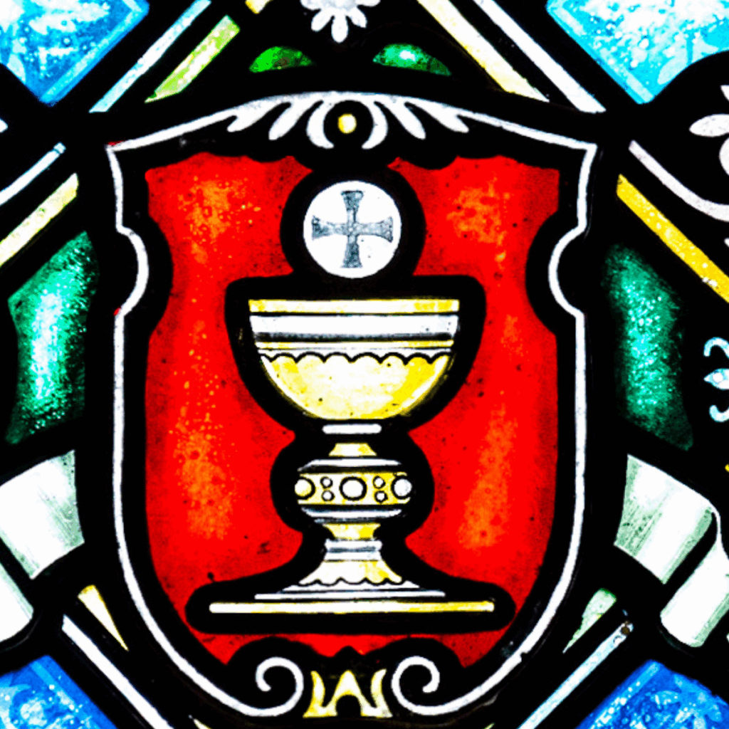 A stained glass window depicts a gold chalice holding a white host with a cross, set against a red shield background with decorative blue, green, and white details.