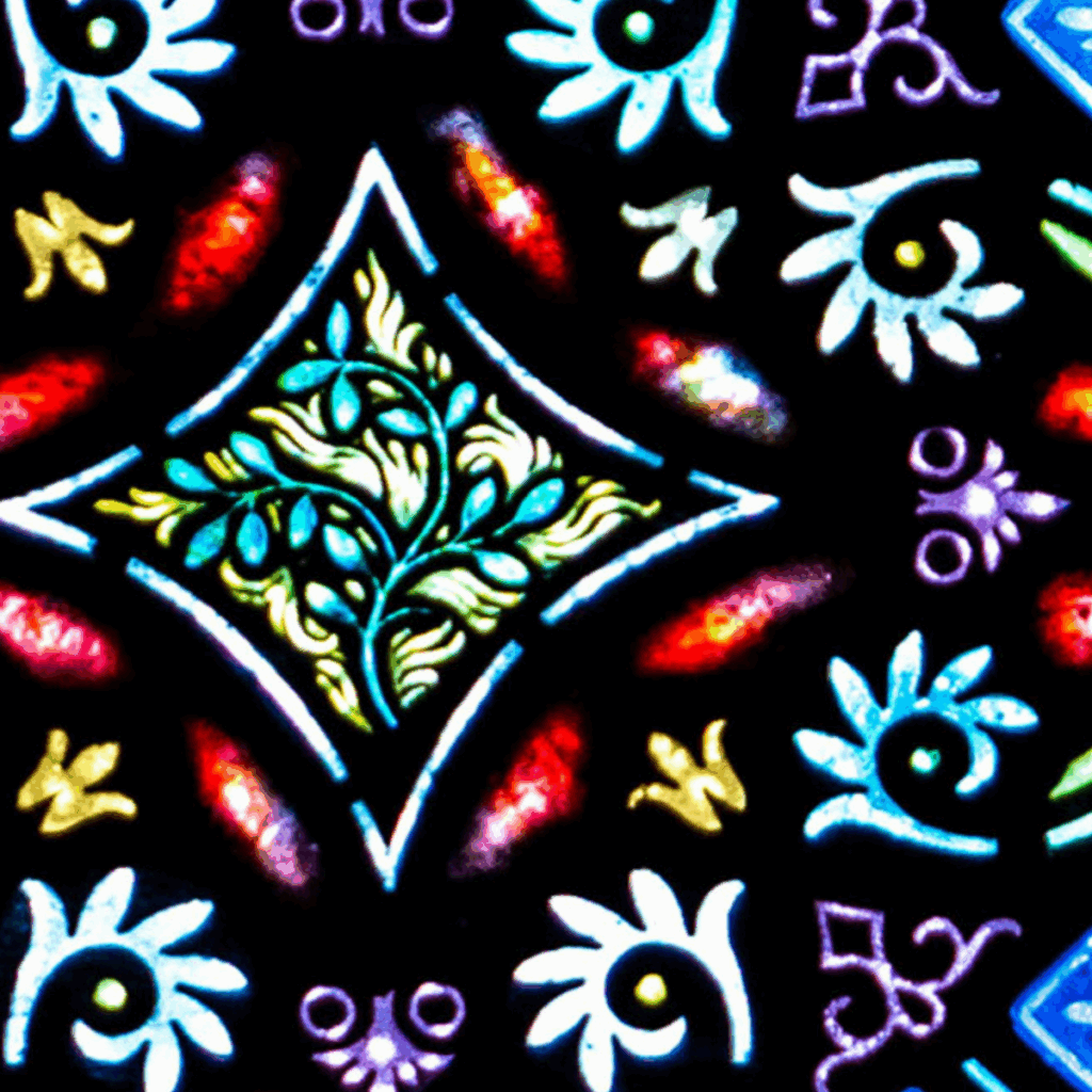 Colorful stained glass pattern featuring a central green leafy diamond shape, surrounded by white, blue, red, and yellow floral and geometric designs on a black background.