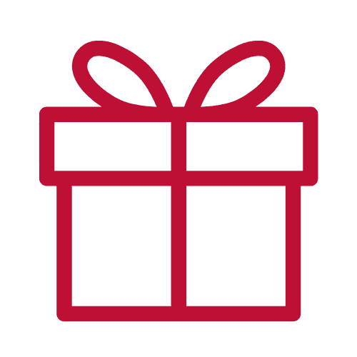 A simple red outline of a gift box with a ribbon and bow on top, set against a plain white background.