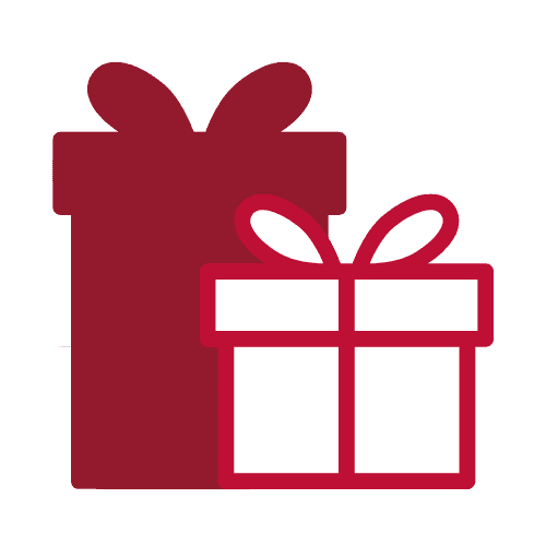Two simple gift box icons, one solid red and larger in the background, and one smaller with a red outline and a white fill in the foreground, both with ribbon and bow designs on top.