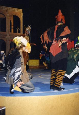 Performers in colorful bird costumes are on stage, with a backdrop resembling a building facade. One person crouches in a gray and yellow bird outfit, while another stands in red and black with striped leggings.