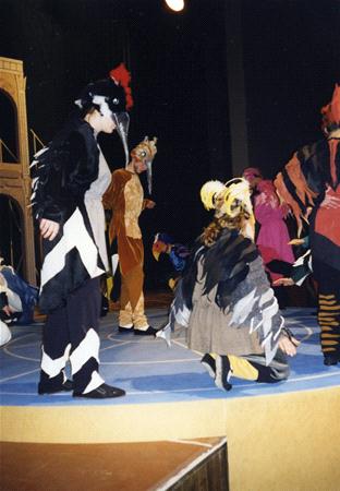 Performers in colorful bird costumes are on stage, some standing and others crouching. The backdrop suggests a theatrical setting. The scene is vibrant with various feathers and headpieces.