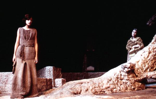 Two women stand in an atmospheric setting. The closer woman is in a textured dress on a stone pathway, gazing forward. The other is further back, partly hidden behind a large tree trunk, looking in her direction, with a cloak wrapped around her.