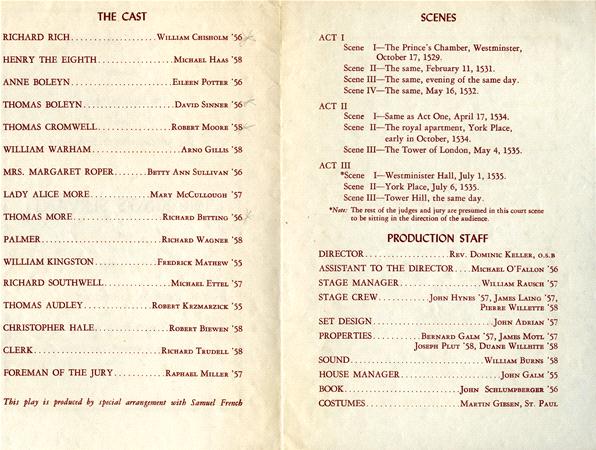 A program page lists the cast, scenes, and production staff for a play. The cast includes names and roles, while the scenes are divided into two acts with specific settings and dates. The production staff is listed with their respective roles.