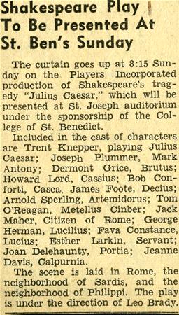 Newspaper clipping announcing a play titled "Julius Caesar" by Shakespeare at St. Joseph auditorium. It lists the curtain time, actors, their roles, and mentions the director, Leo Brady.
