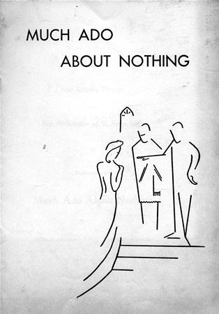 Minimalist line drawing of three abstract figures on a cover, titled "Much Ado About Nothing." One figure faces two others; one holds a document-like shape. Simple, black lines on a white background.