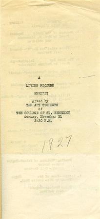 Typed program on aged paper titled "A Living Picture Exhibit" by the Art Students of The College of St. Benedict, dated Sunday, November 21, 3:30 P.M. Handwritten year "1927" at the bottom.