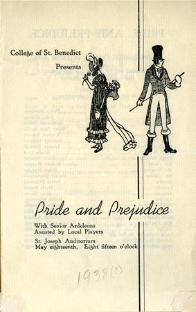 Vintage poster for a "Pride and Prejudice" play presented by the College of St. Benedict. Features illustrated figures in 19th-century attire. States details: with Senior Arcadians, May 18th, St. Joseph Auditorium, 8:15 PM.
