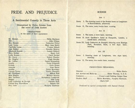 A two-page playbill for "Pride and Prejudice," dramatized by Helen Jerome. The left page lists the cast, and the right page outlines the scenes and credits the production crew.